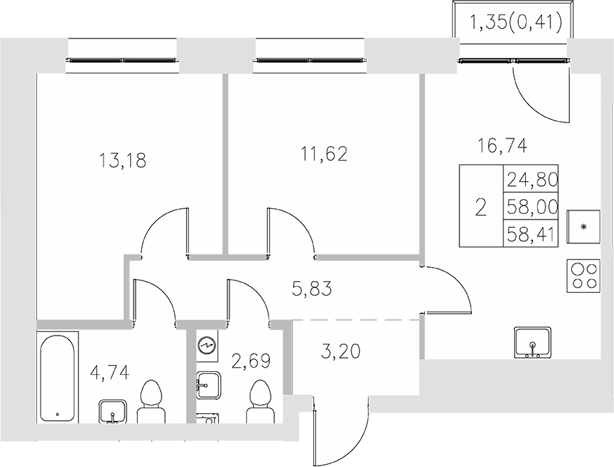 Планировка — Statum, 2-комн., 58 м²
