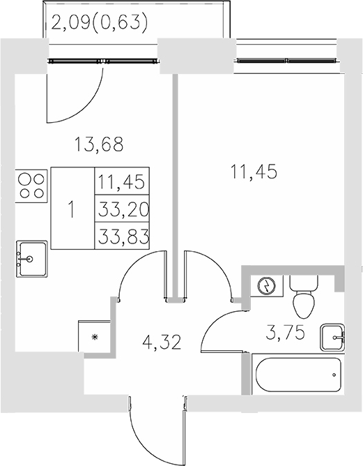 Планировка — Statum, 1-комн., 33 м²