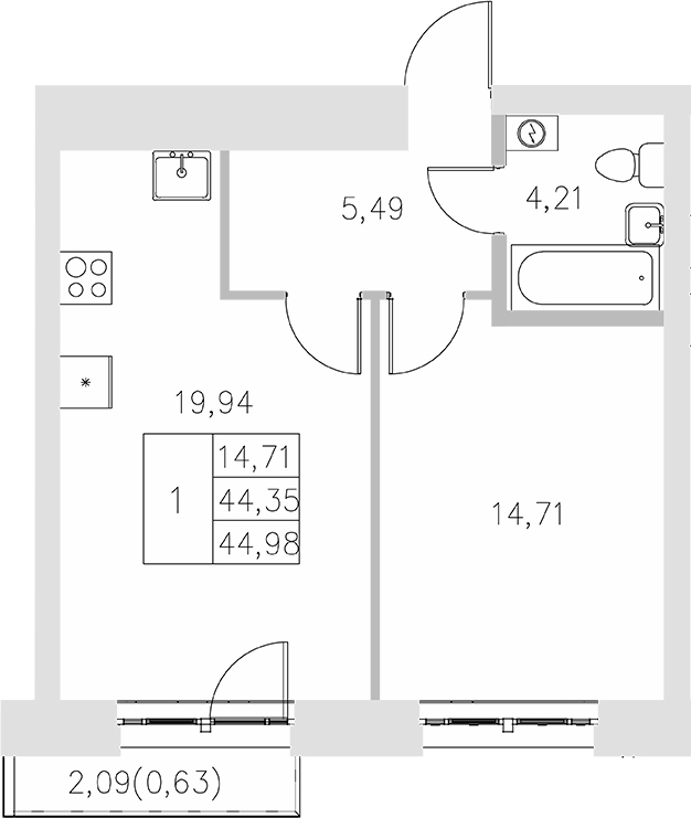 Планировка — Statum, 1-комн., 44 м²