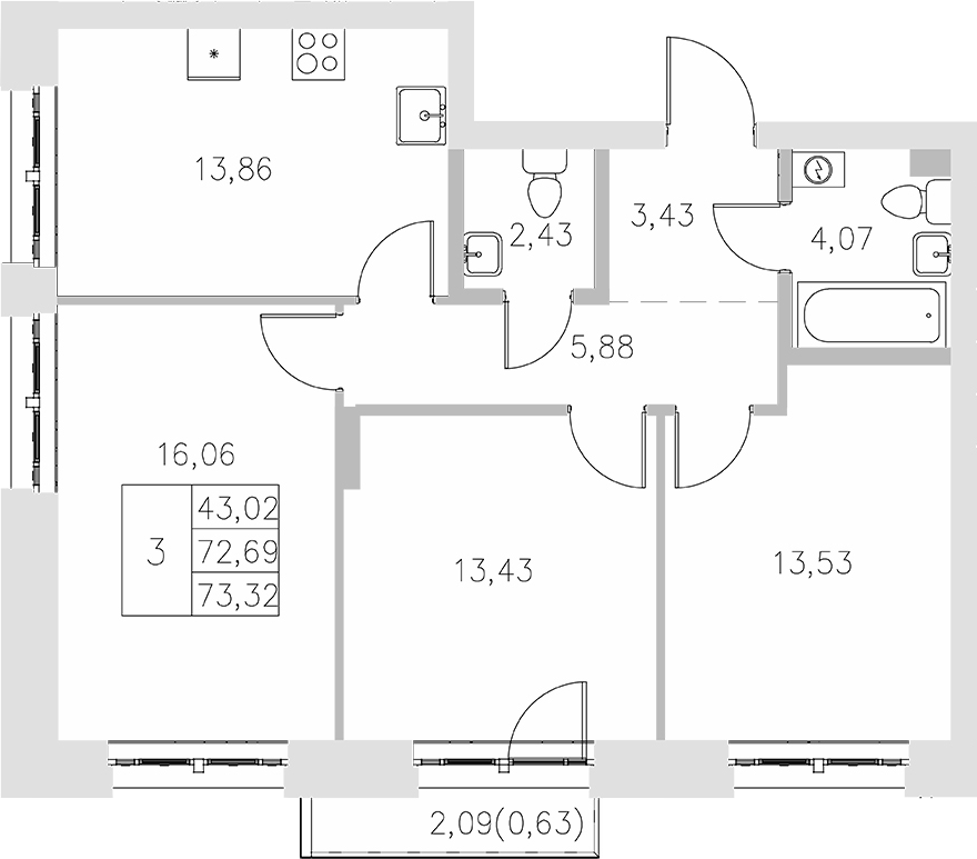 Планировка — Statum, 3-комн., 73 м²