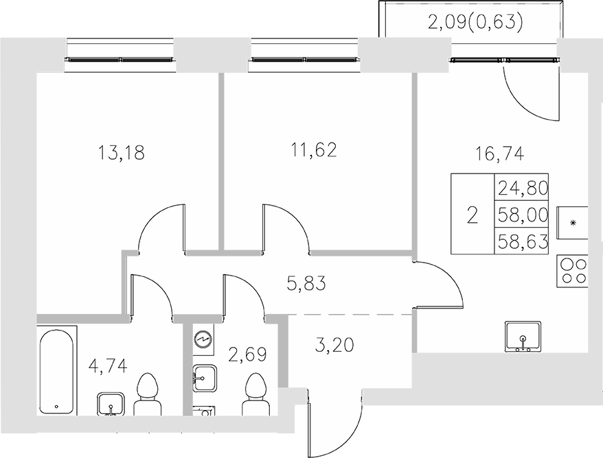 Планировка — Statum, 2-комн., 58 м²