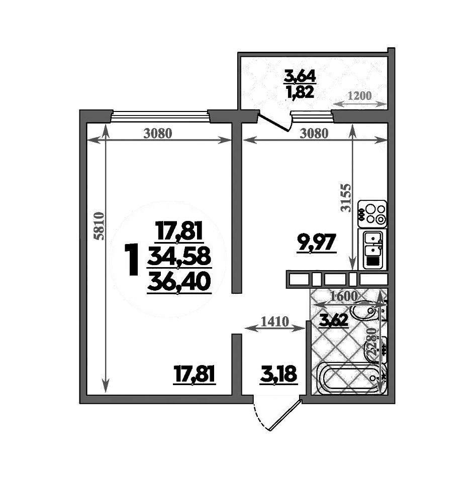 Планировка — Суворовский, 1-комн., 35 м²