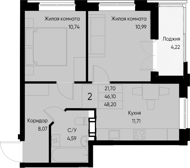 Планировка — Васильевский остров, 2-комн., 46 м²