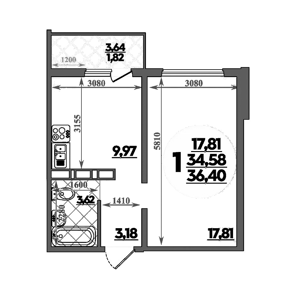 Планировка — Суворовский, 1-комн., 35 м²