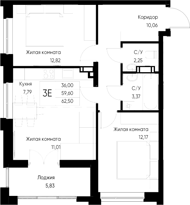 Планировка — Васильевский остров, 2-комн., 60 м²