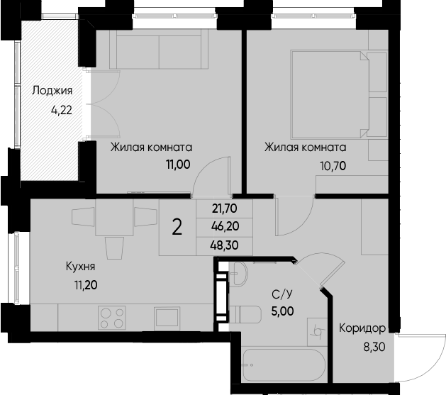 Планировка — Васильевский остров, 2-комн., 46 м²