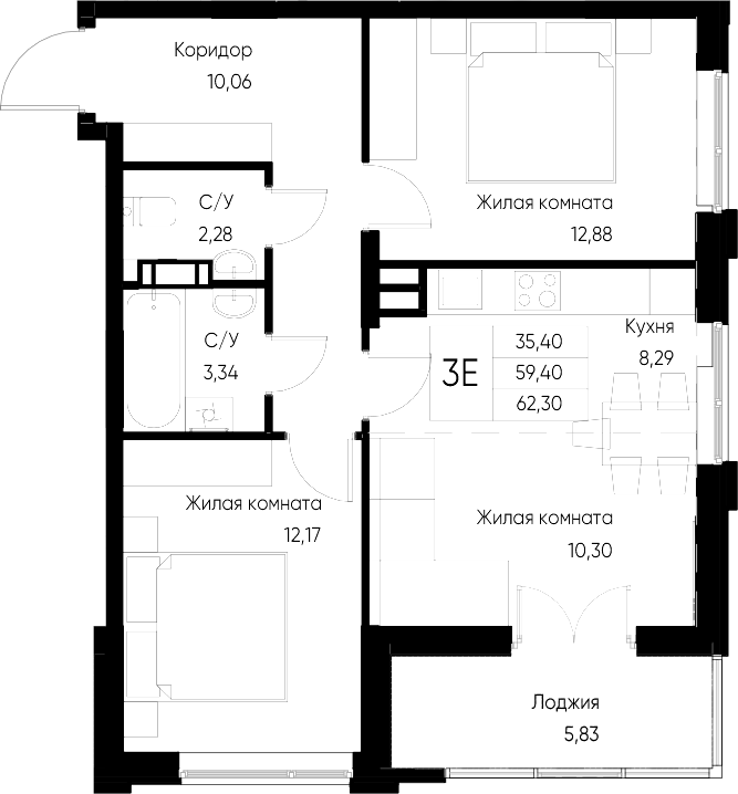 Планировка — Васильевский остров, 2-комн., 59 м²