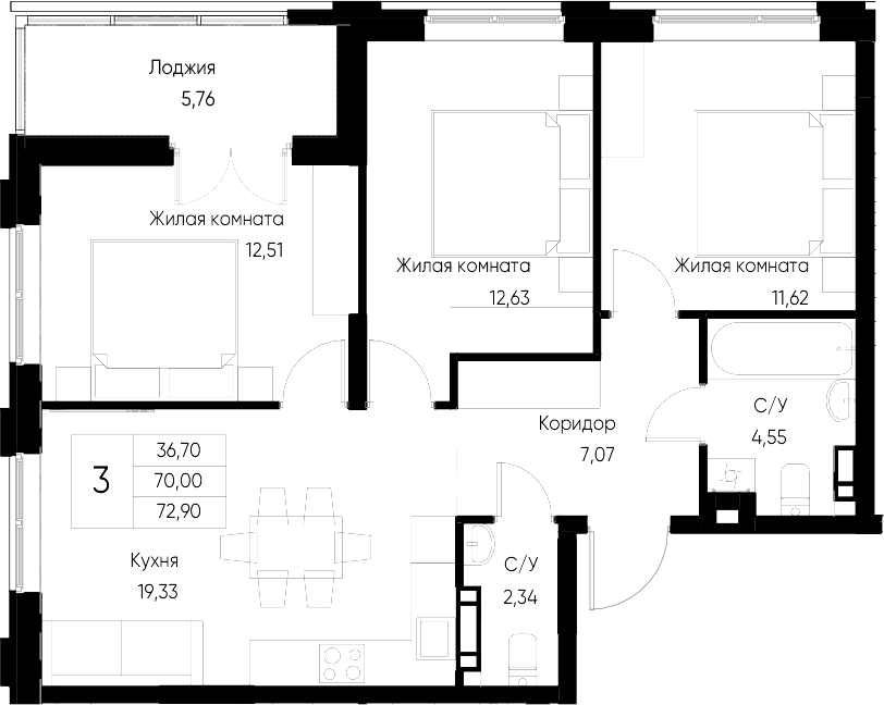 Планировка — Васильевский остров, 3-комн., 70 м²