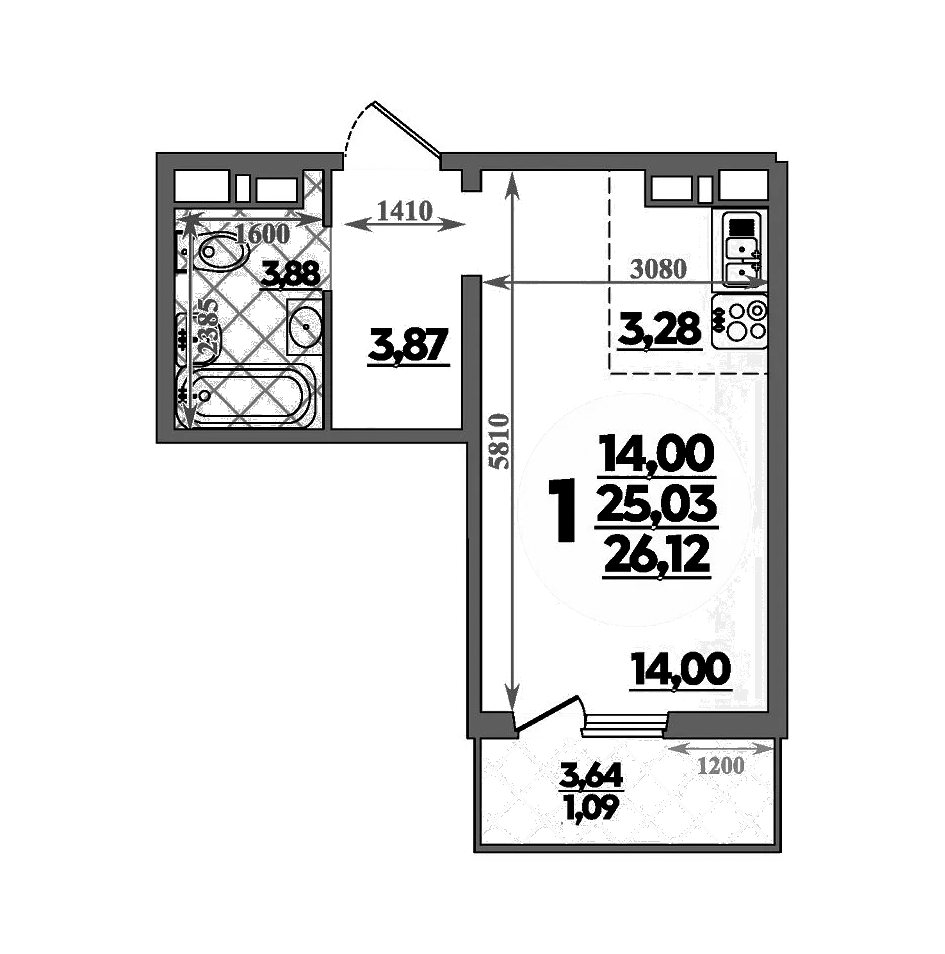 Планировка — Суворовский, Студия, 25 м²