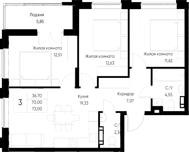 Планировка — Васильевский остров, 3-комн., 70 м²