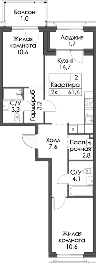 Планировка — Ботаническая 3, 2-комн., 59 м²