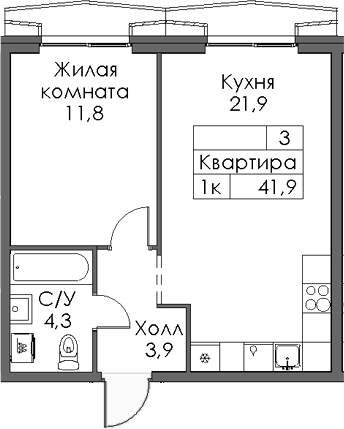 Планировка — Ботаническая 3, 1-комн., 42 м²
