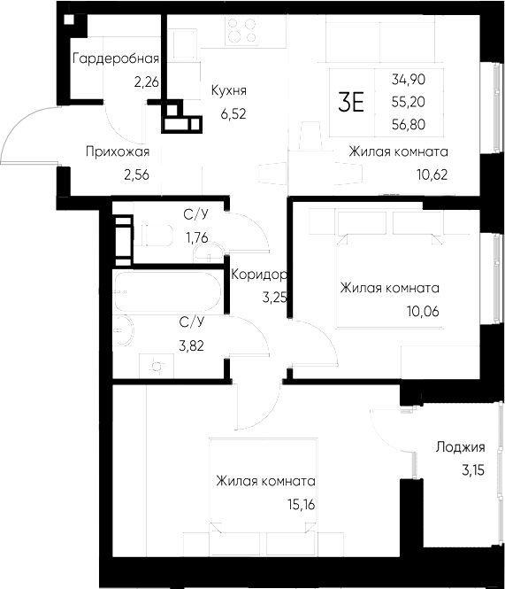 Планировка — Васильевский остров, 2-комн., 55 м²