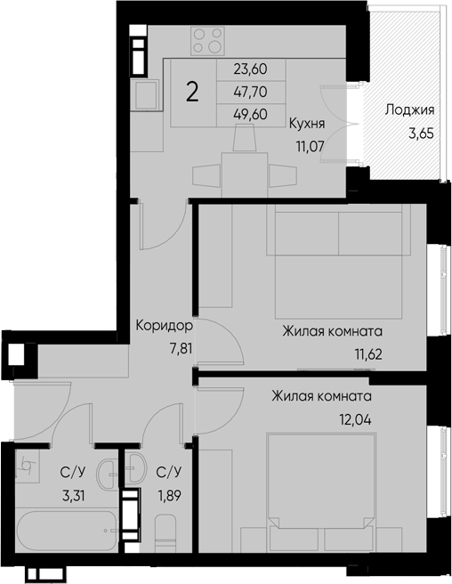 Планировка — Васильевский остров, 2-комн., 48 м²