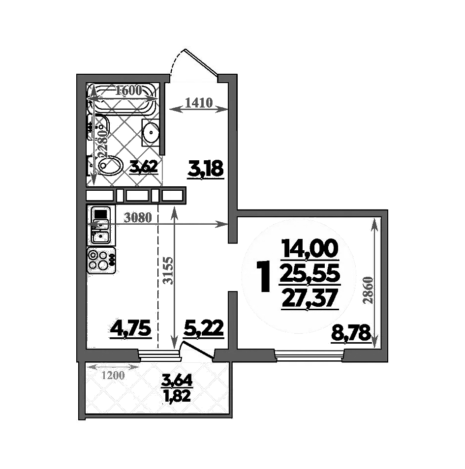 Планировка — Суворовский, Студия, 26 м²
