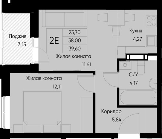 Планировка — Васильевский остров, 1-комн., 38 м²