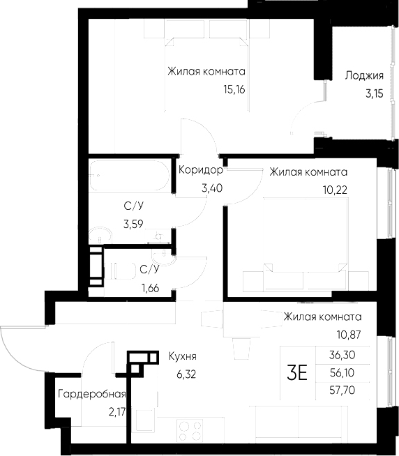 Планировка — Васильевский остров, 2-комн., 56 м²