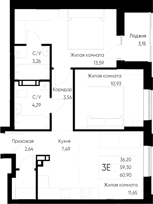 Планировка — Васильевский остров, 2-комн., 59 м²