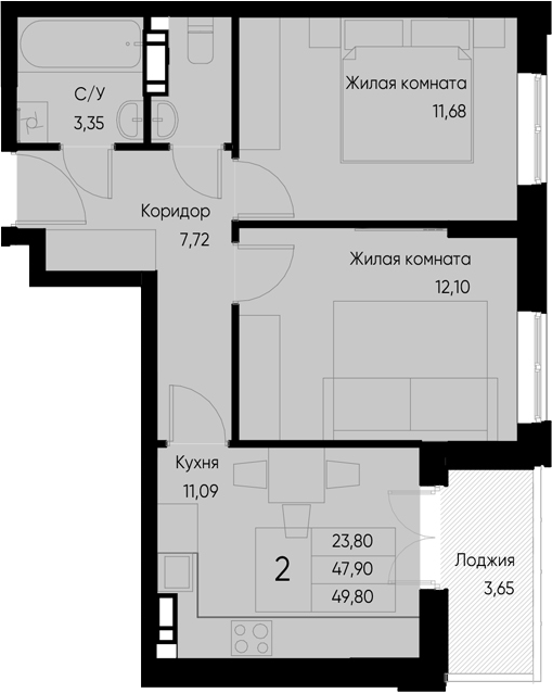 Планировка — Васильевский остров, 2-комн., 48 м²