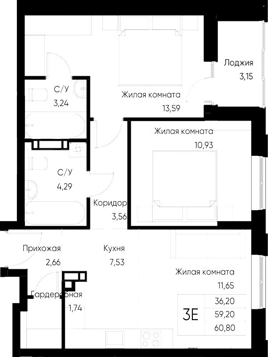 Планировка — Васильевский остров, 2-комн., 59 м²