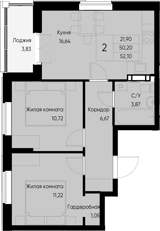 Планировка — Васильевский остров, 2-комн., 50 м²