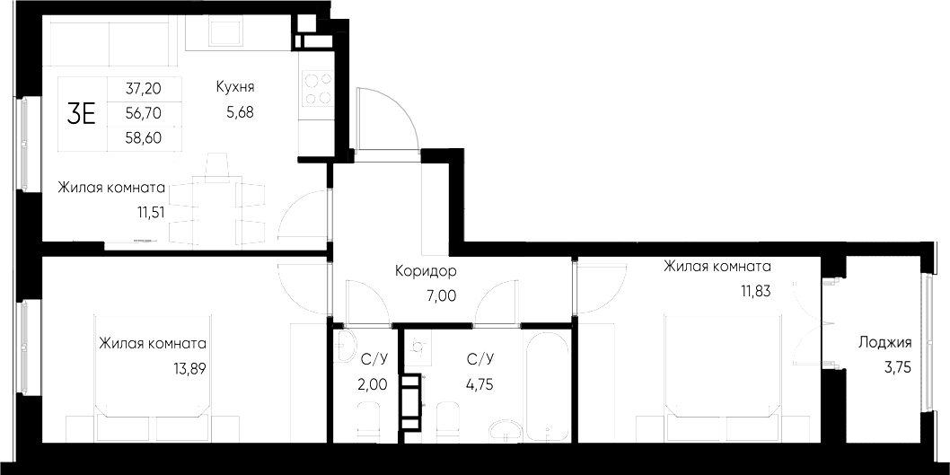 Планировка — Васильевский остров, 2-комн., 57 м²