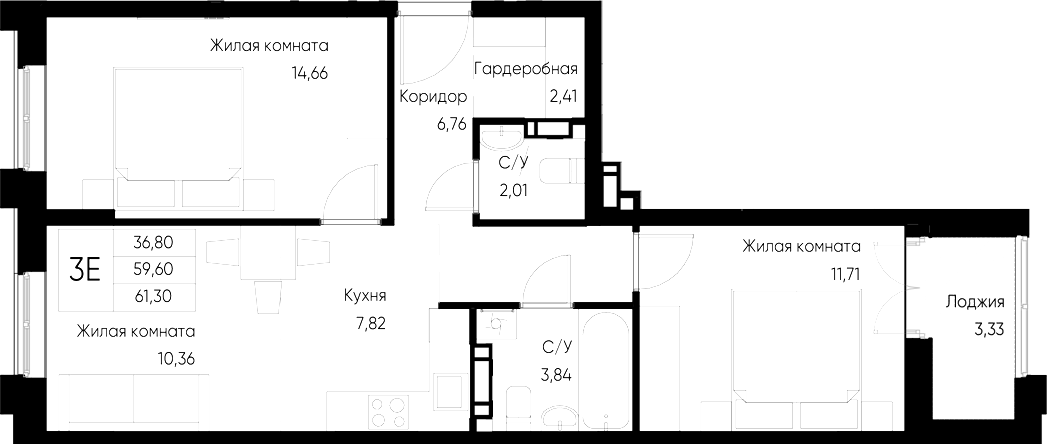Планировка — Васильевский остров, 2-комн., 60 м²