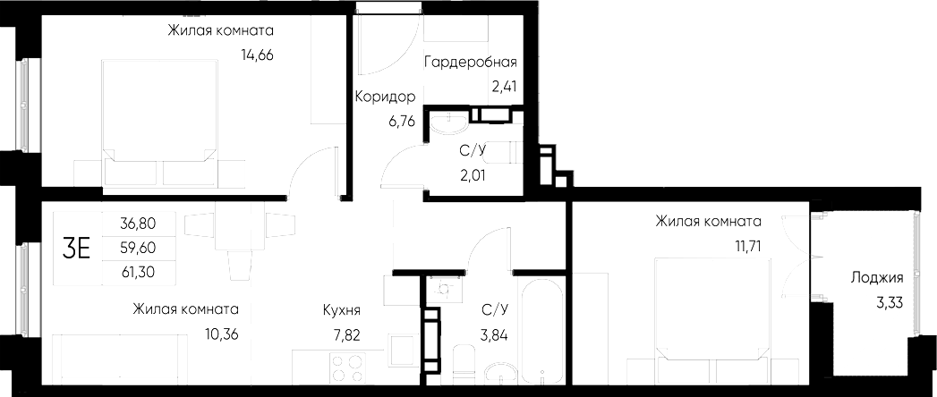 Планировка — Васильевский остров, 2-комн., 60 м²