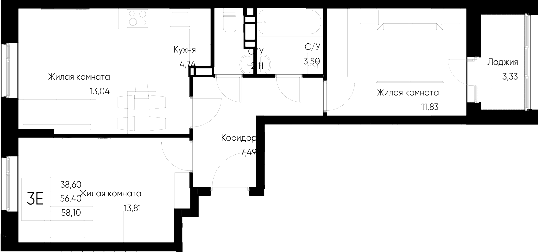 Планировка — Васильевский остров, 2-комн., 56 м²