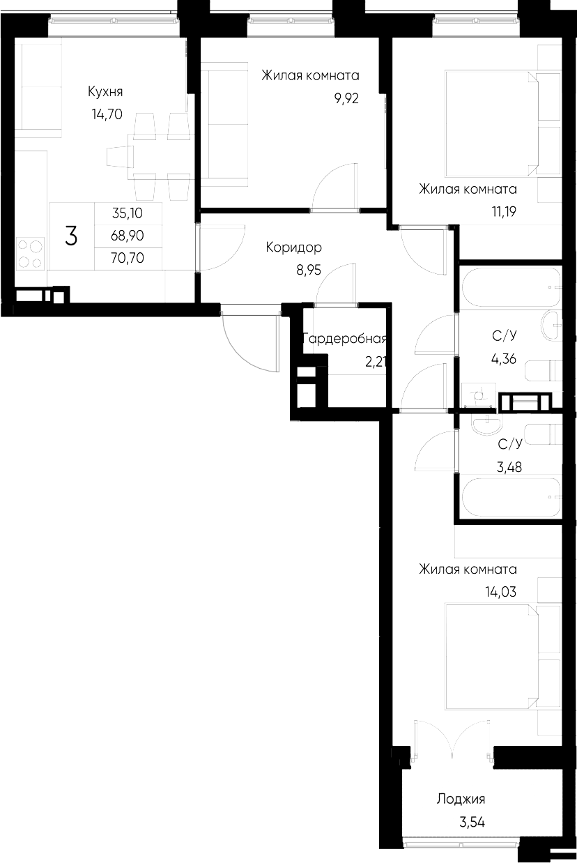 Планировка — Васильевский остров, 3-комн., 69 м²