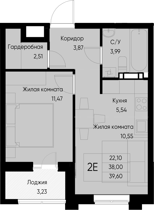 Планировка — Васильевский остров, 1-комн., 38 м²