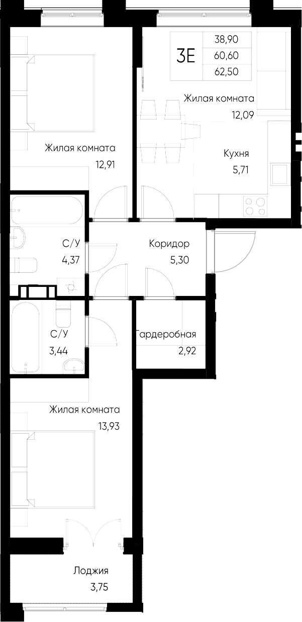 Планировка — Васильевский остров, 2-комн., 61 м²