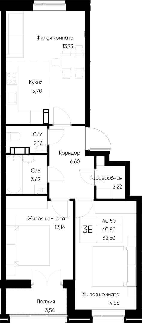 Планировка — Васильевский остров, 2-комн., 61 м²
