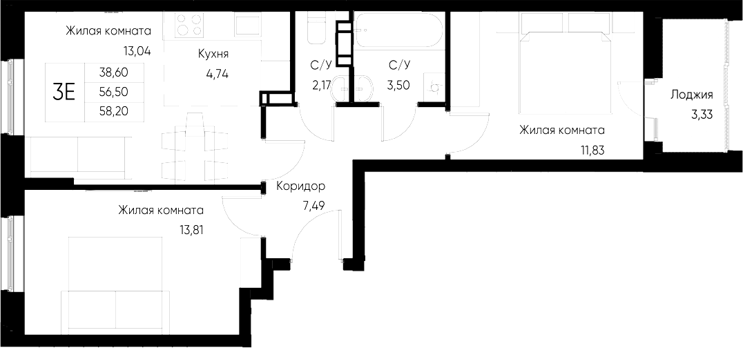 Планировка — Васильевский остров, 2-комн., 57 м²