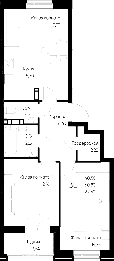 Планировка — Васильевский остров, 2-комн., 61 м²