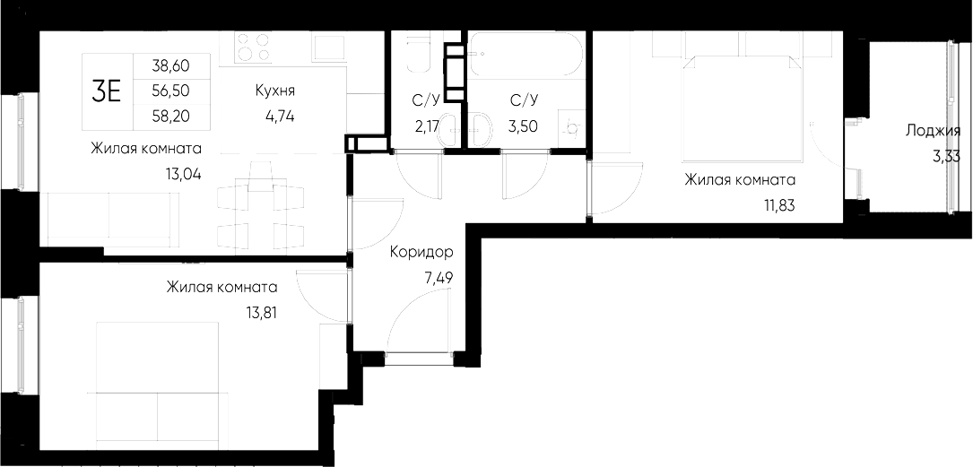 Планировка — Васильевский остров, 2-комн., 57 м²