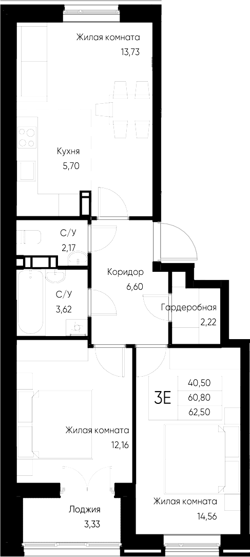 Планировка — Васильевский остров, 2-комн., 61 м²