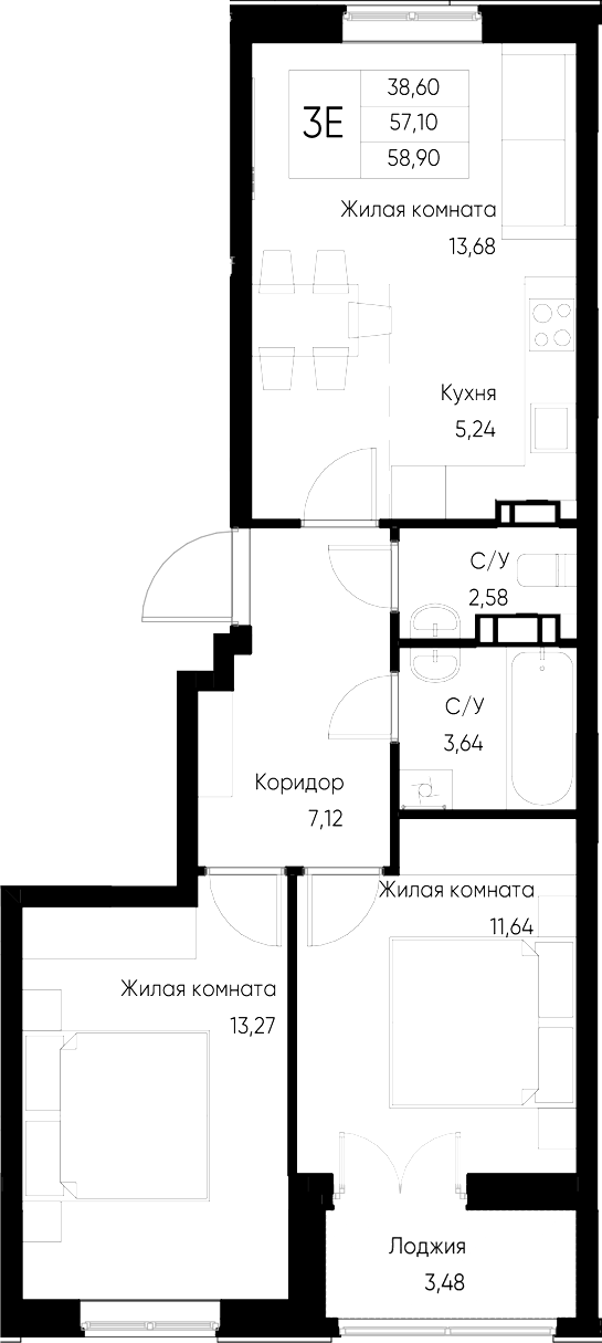 Планировка — Васильевский остров, 2-комн., 57 м²