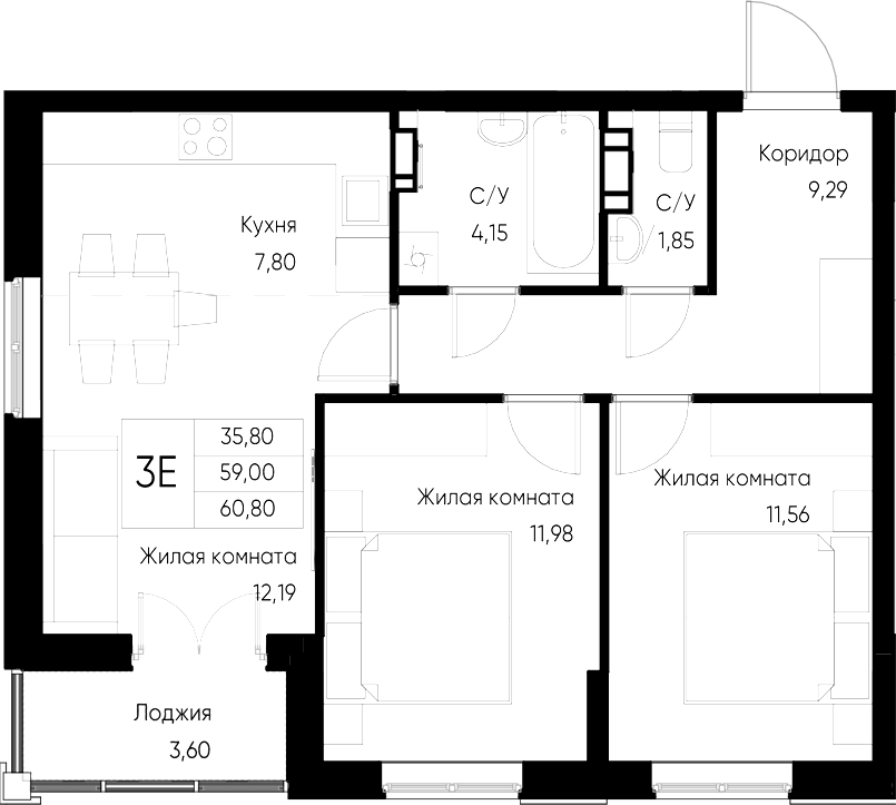 Планировка — Васильевский остров, 2-комн., 59 м²