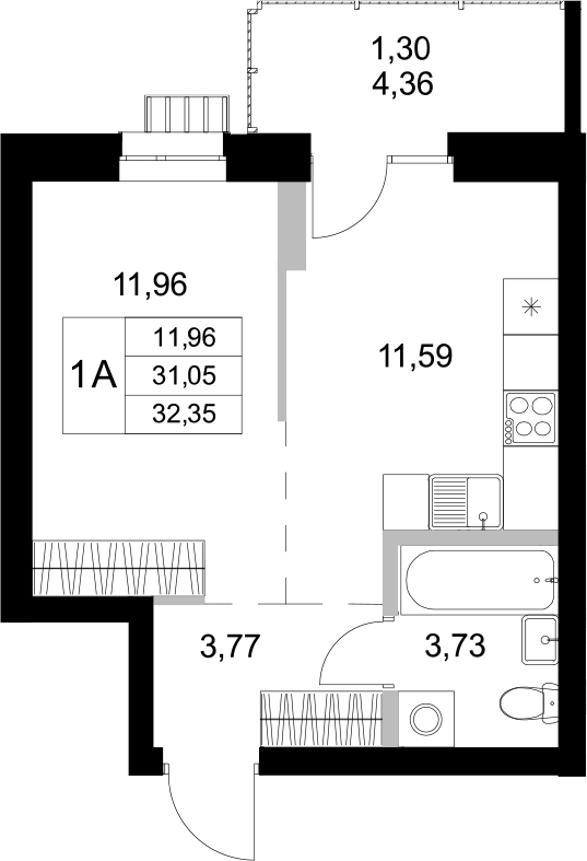 Планировка — Уникум на Амирхана, 1-комн., 31 м²