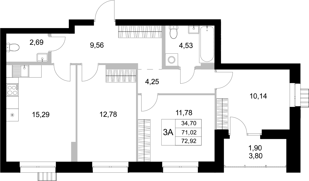 Планировка — Уникум на Амирхана, 3-комн., 71 м²