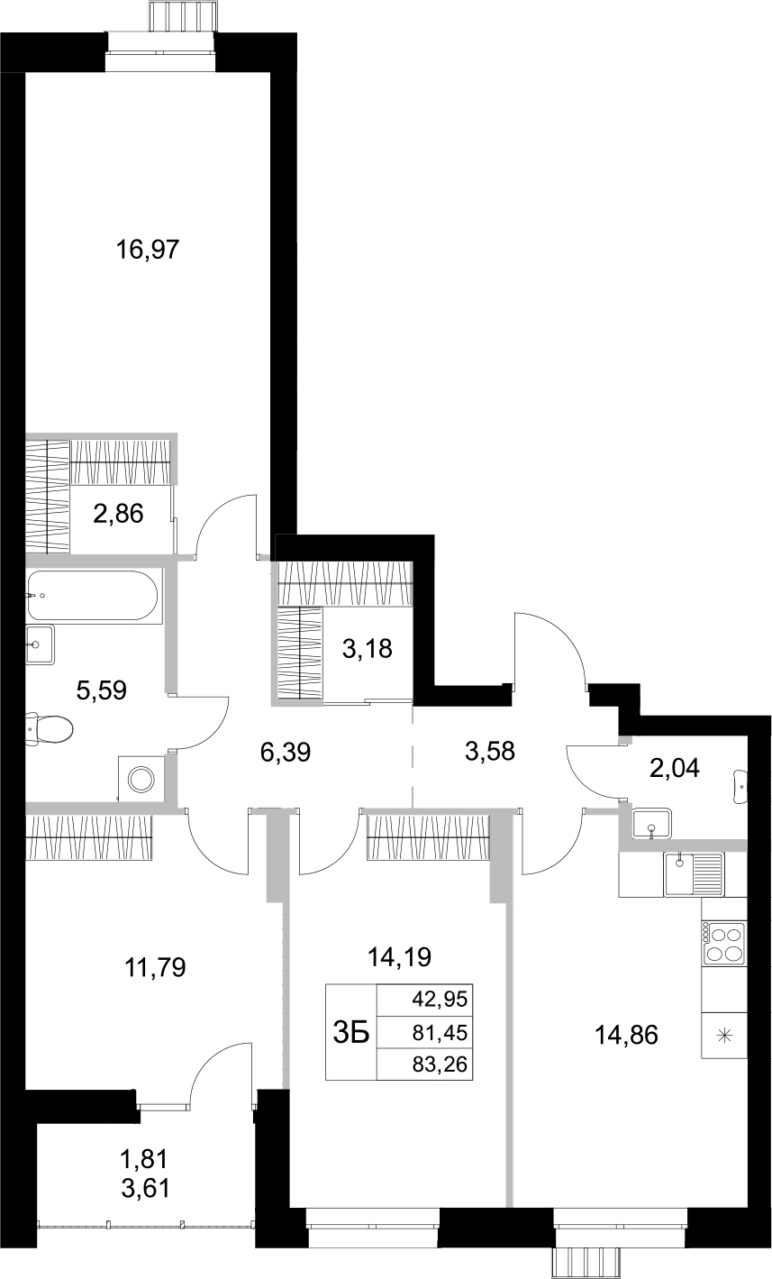 Планировка — Уникум на Амирхана, 3-комн., 81 м²