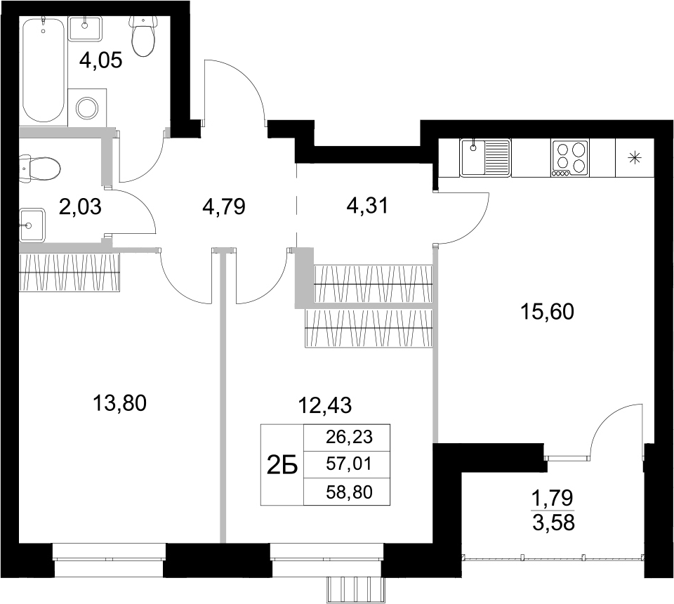 Планировка — Уникум на Амирхана, 2-комн., 57 м²