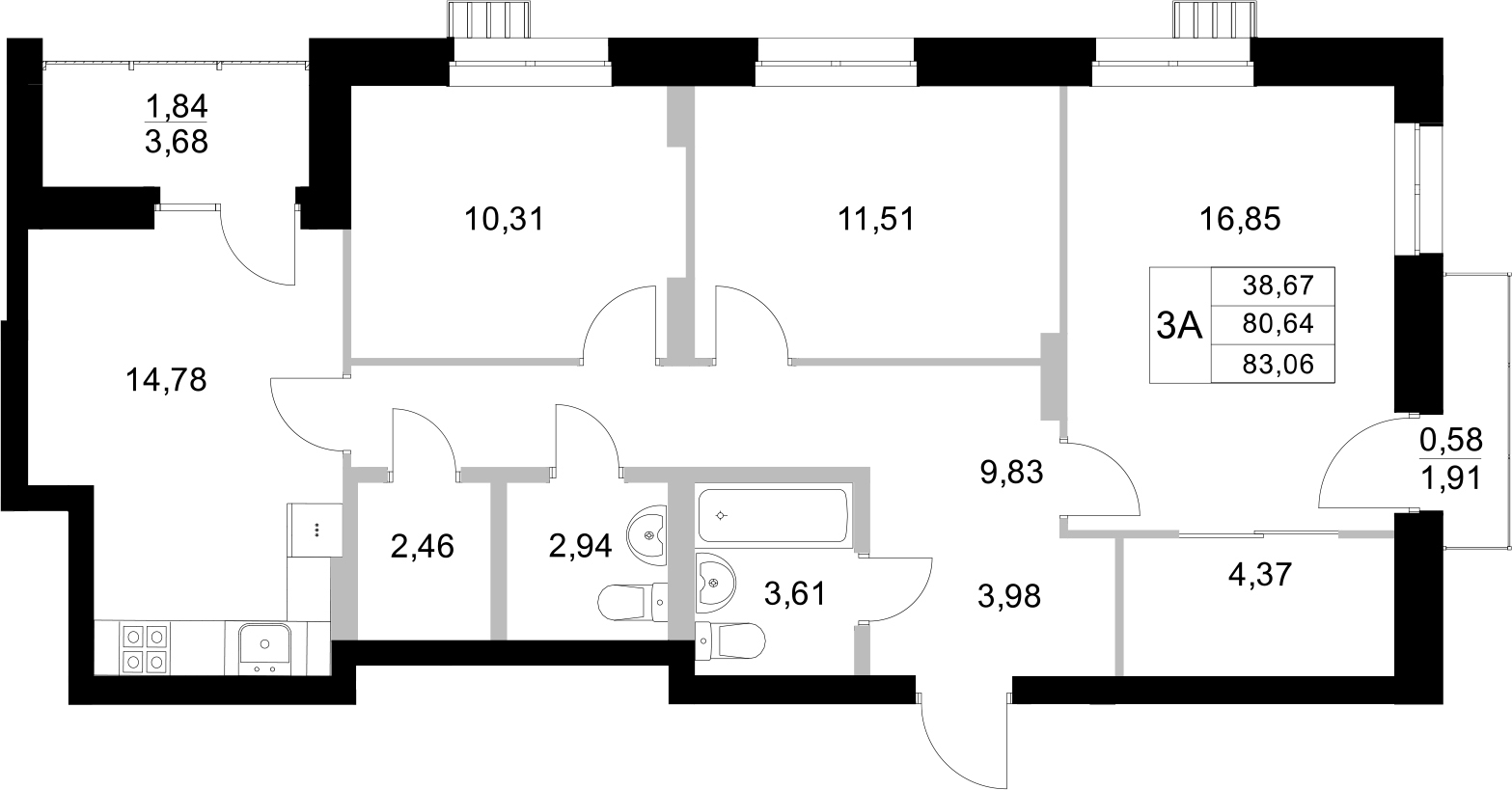 Планировка — Уникум на Амирхана, 3-комн., 81 м²
