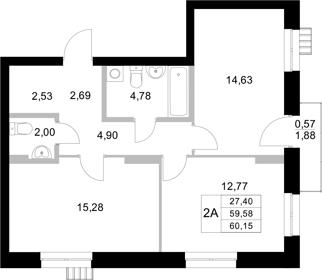 Планировка — Уникум на Амирхана, 2-комн., 60 м²