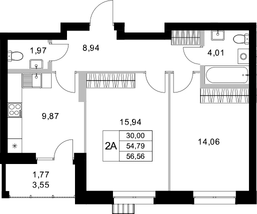 Планировка — Уникум на Амирхана, 2-комн., 55 м²