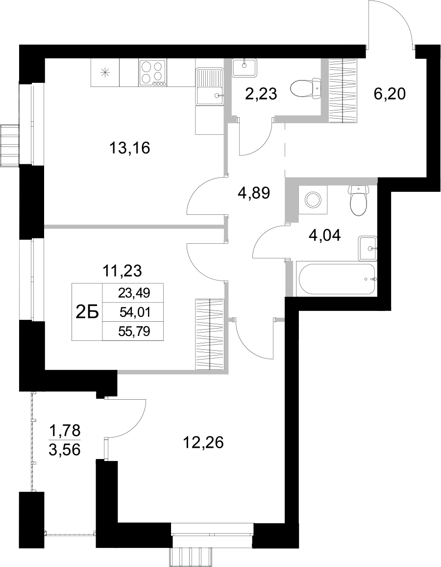 Планировка — Уникум на Амирхана, 2-комн., 54 м²