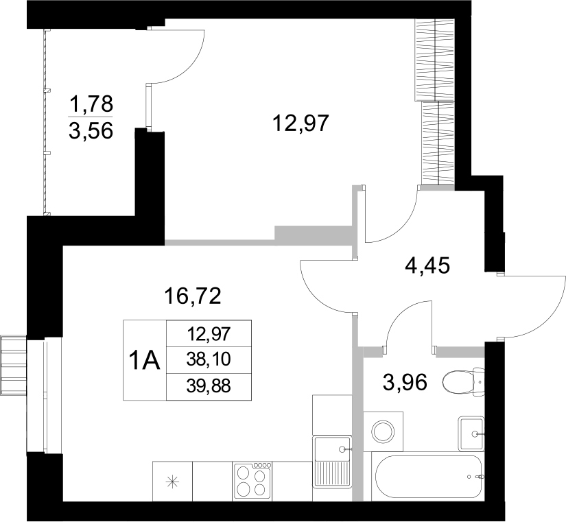 Планировка — Уникум на Амирхана, 1-комн., 38 м²
