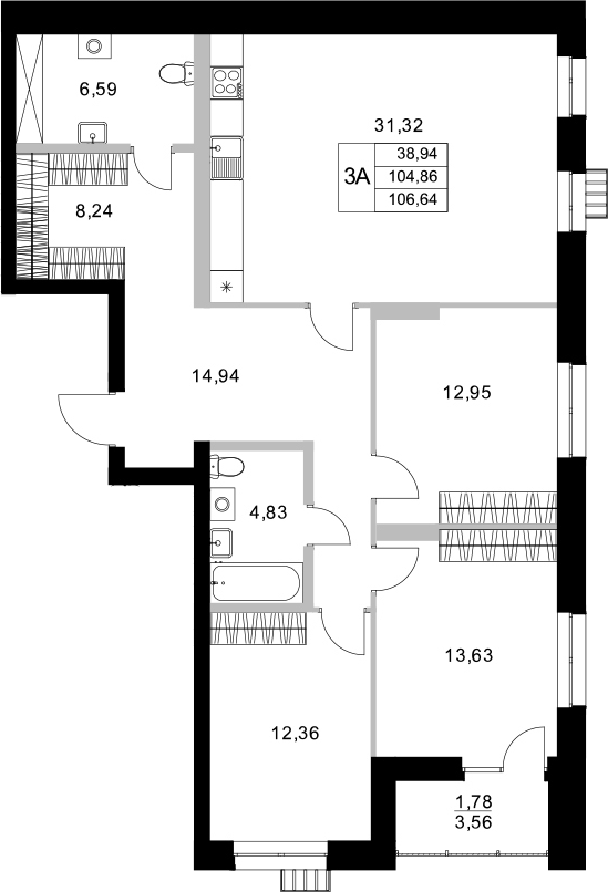 Планировка — Уникум на Амирхана, 3-комн., 105 м²