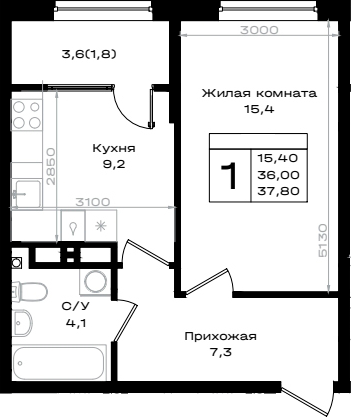 Планировка — Придонье, 1-комн., 36 м²